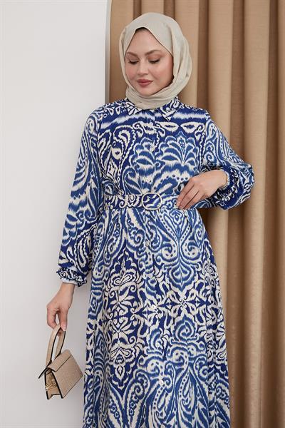 Gölge Desen Mavi Viskon Elbise