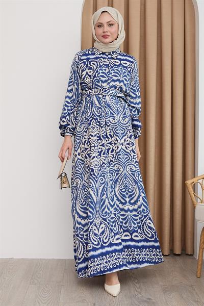 Gölge Desen Mavi Viskon Elbise