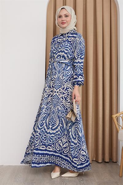 Gölge Desen Mavi Viskon Elbise