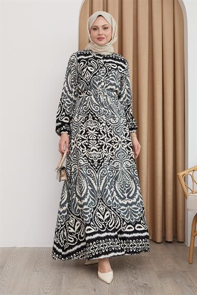 Gölge Desen Siyah Viskon Elbise