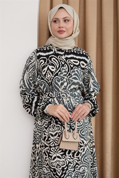 Gölge Desen Siyah Viskon Elbise