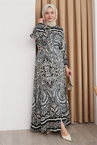 Gölge Desen Siyah Viskon Elbise