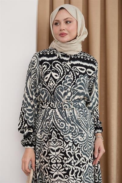 Gölge Desen Siyah Viskon Elbise