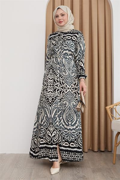 Gölge Desen Siyah Viskon Elbise