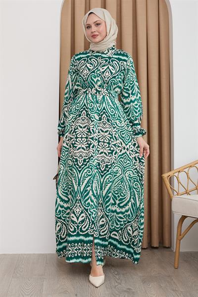 Gölge Desen Yeşil Viskon Elbise