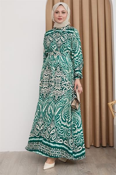 Gölge Desen Yeşil Viskon Elbise