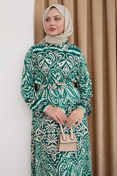 Gölge Desen Yeşil Viskon Elbise