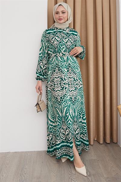 Gölge Desen Yeşil Viskon Elbise