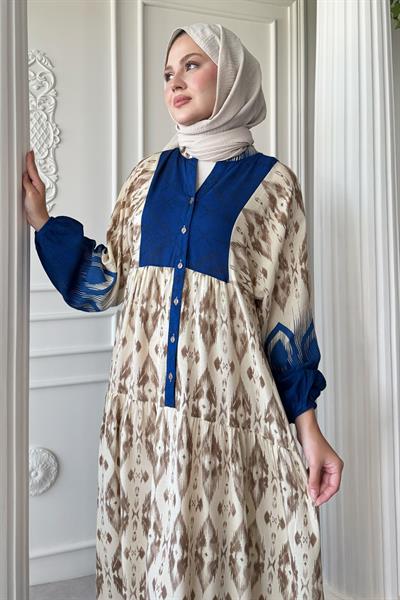 Gölge Geçişli İkat Desen Mavi Viskon Elbise