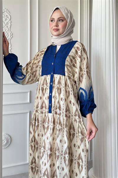 Gölge Geçişli İkat Desen Mavi Viskon Elbise