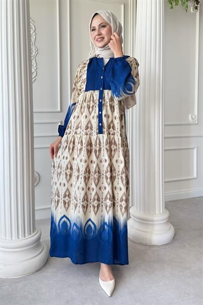 Gölge Geçişli İkat Desen Mavi Viskon Elbise