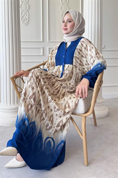 Gölge Geçişli İkat Desen Mavi Viskon Elbise