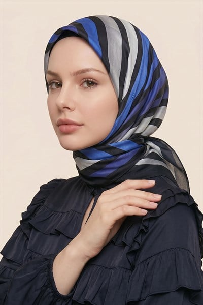 Gölge Şerit Desen Saks Mavisi Soft Pamuk Eşarp