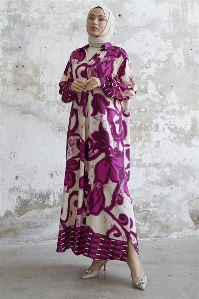 Gömlek Yaka Desenli Viskon Fuşya Elbise