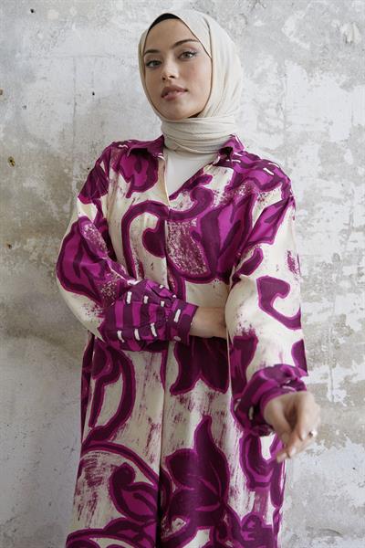 Gömlek Yaka Desenli Viskon Fuşya Elbise