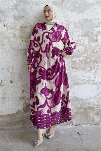 Gömlek Yaka Desenli Viskon Fuşya Elbise