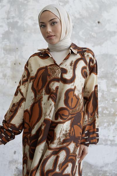 Gömlek Yaka Desenli Viskon Kahve Elbise