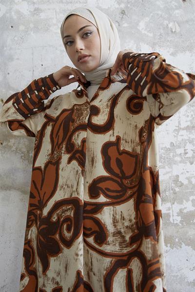 Gömlek Yaka Desenli Viskon Kahve Elbise