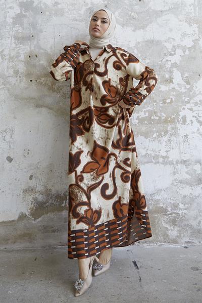 Gömlek Yaka Desenli Viskon Kahve Elbise