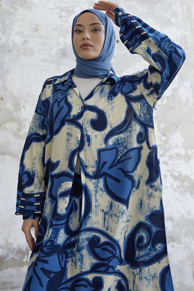 Gömlek Yaka Desenli Viskon Mavi Elbise