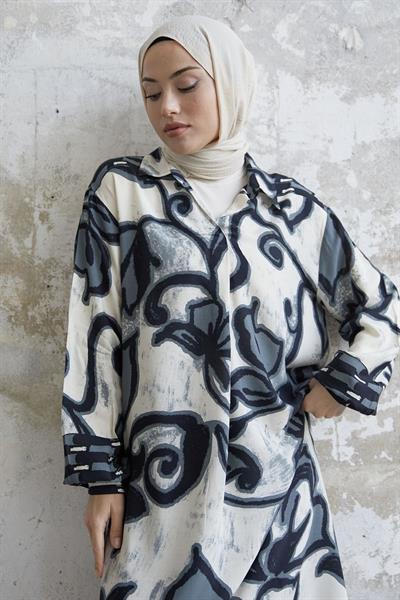 Gömlek Yaka Desenli Viskon Siyah Elbise