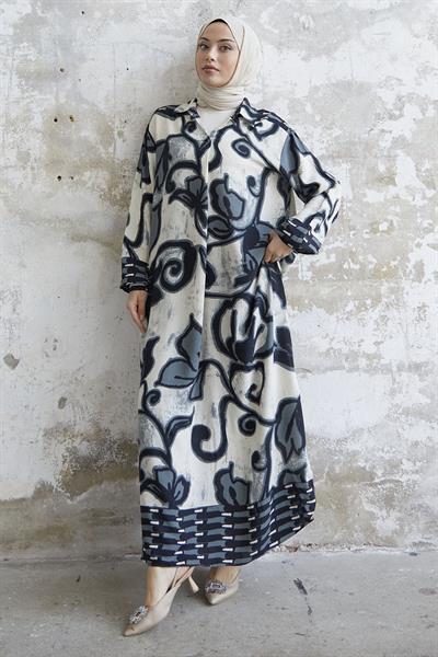 Gömlek Yaka Desenli Viskon Siyah Elbise