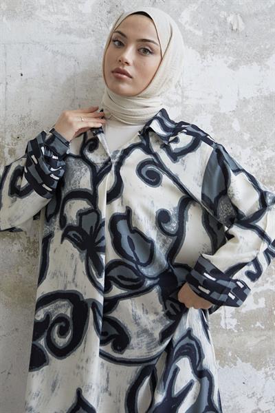 Gömlek Yaka Desenli Viskon Siyah Elbise