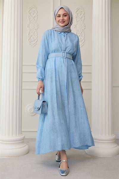Gömlek Yaka Kemerli Düz Bebe Mavisi Elbise