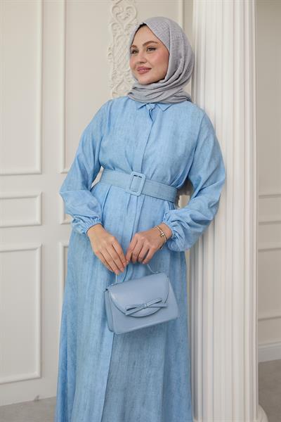 Gömlek Yaka Kemerli Düz Bebe Mavisi Elbise