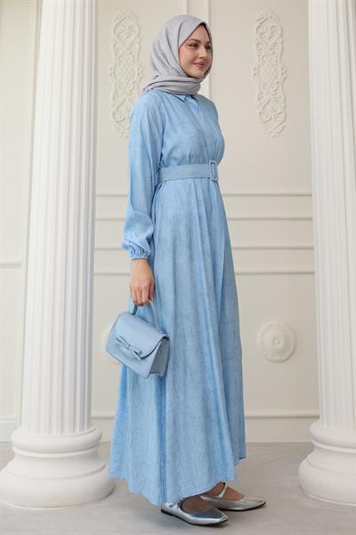 Gömlek Yaka Kemerli Düz Bebe Mavisi Elbise