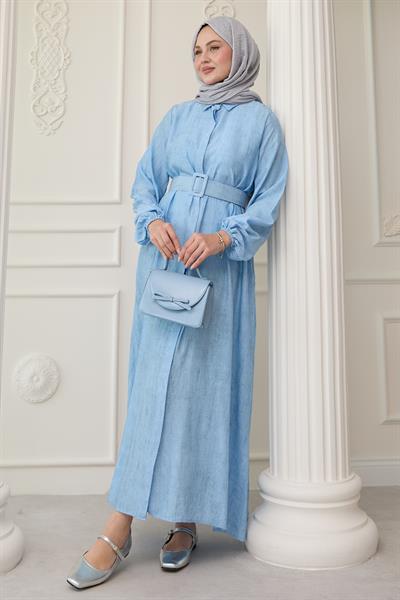 Gömlek Yaka Kemerli Düz Bebe Mavisi Elbise