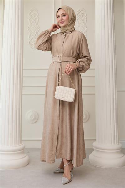 Gömlek Yaka Kemerli Düz Bej Viskon Elbise