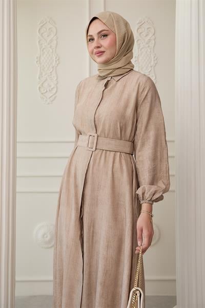 Gömlek Yaka Kemerli Düz Bej Viskon Elbise