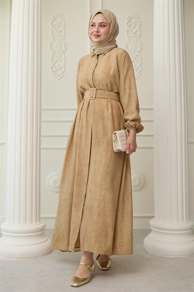 Gömlek Yaka Kemerli Düz Camel Viskon Elbise