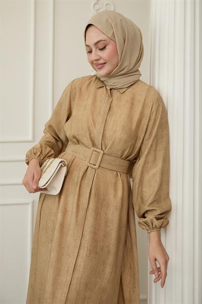 Gömlek Yaka Kemerli Düz Camel Viskon Elbise