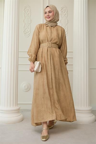 Gömlek Yaka Kemerli Düz Camel Viskon Elbise