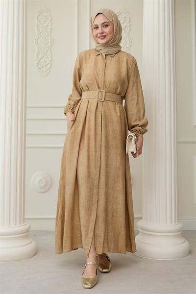 Gömlek Yaka Kemerli Düz Camel Viskon Elbise