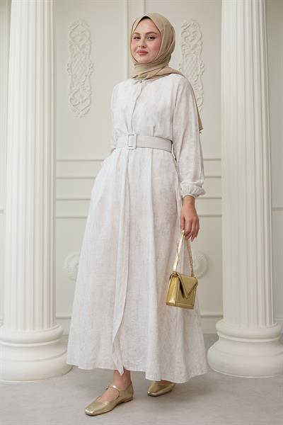 Gömlek Yaka Kemerli Düz Ekru Viskon Elbise