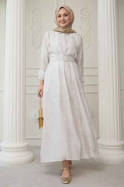 Gömlek Yaka Kemerli Düz Ekru Viskon Elbise