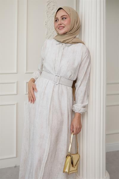 Gömlek Yaka Kemerli Düz Ekru Viskon Elbise