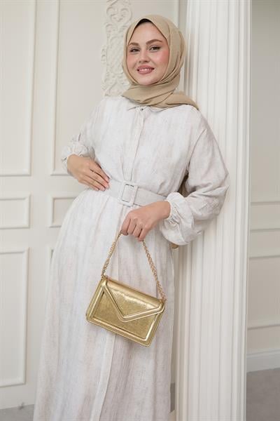 Gömlek Yaka Kemerli Düz Ekru Viskon Elbise