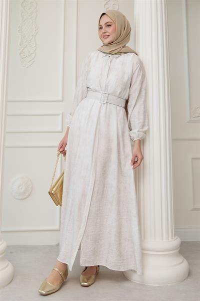 Gömlek Yaka Kemerli Düz Ekru Viskon Elbise