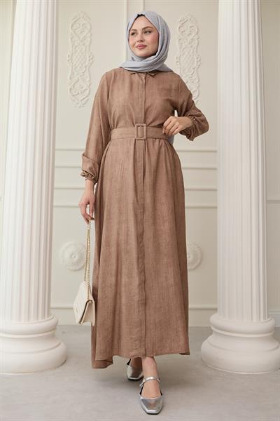 Gömlek Yaka Kemerli Düz Kahverengi Elbise