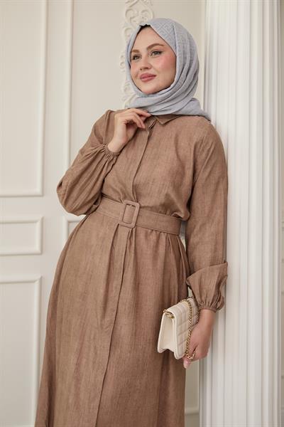Gömlek Yaka Kemerli Düz Kahverengi Elbise