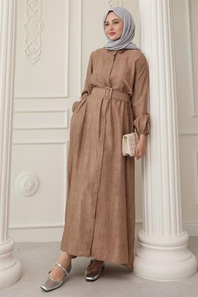Gömlek Yaka Kemerli Düz Kahverengi Elbise