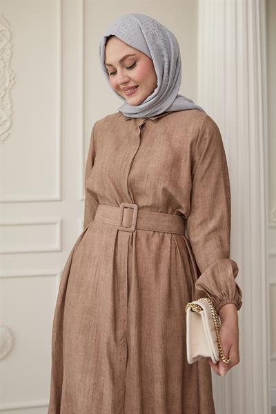 Gömlek Yaka Kemerli Düz Kahverengi Elbise