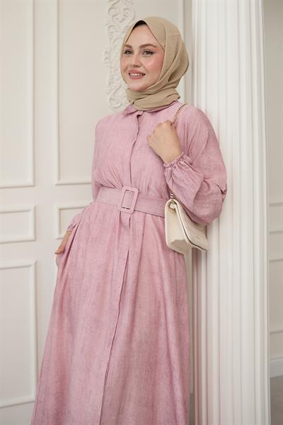 Gömlek Yaka Kemerli Düz Pembe Elbise