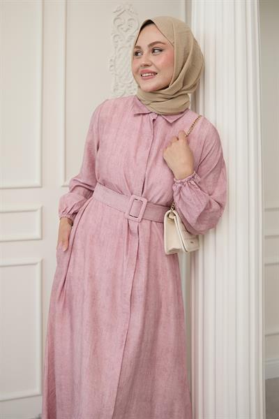 Gömlek Yaka Kemerli Düz Pembe Elbise