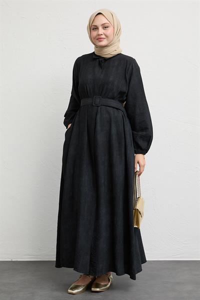 Gömlek Yaka Kemerli Düz Siyah Viskon Elbise