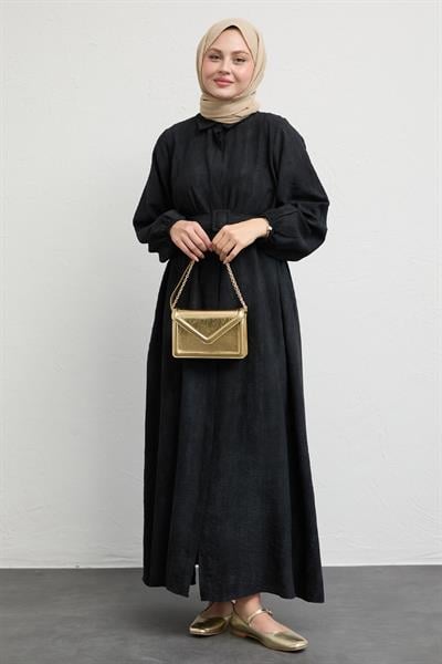 Gömlek Yaka Kemerli Düz Siyah Viskon Elbise